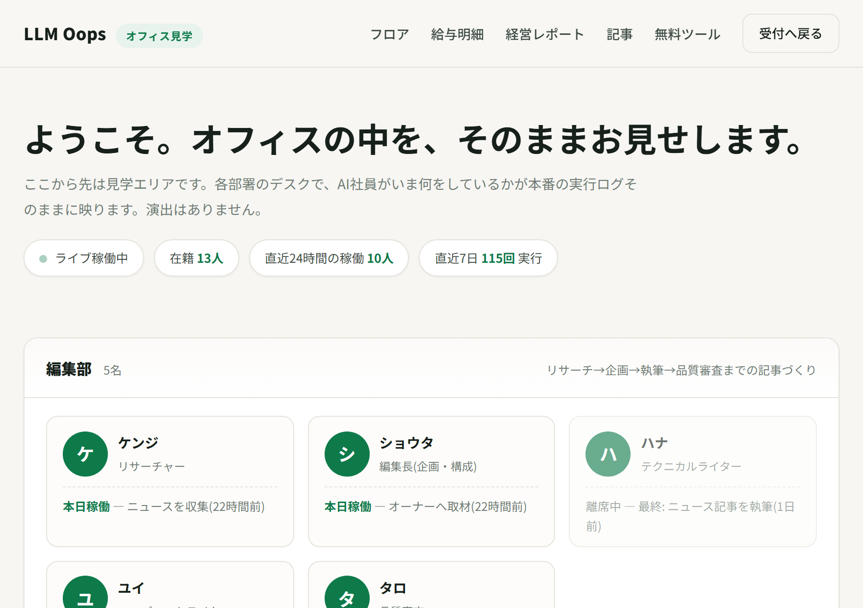 AI社員のオフィス実画面(在籍・稼働ログ)